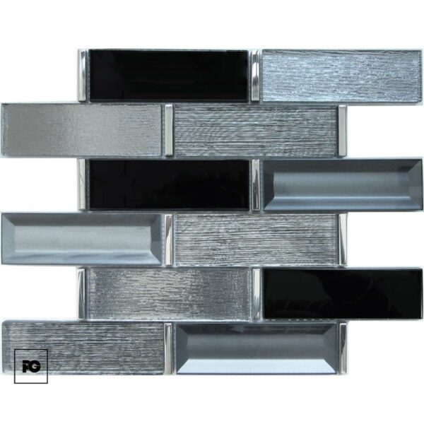 Malla decorativa de vidrio hamilton 30 x 32 3 cm-tiles-ok | Plomería García Rectangular metal and glass backsplash tiles in a staggered brick pattern with brushed and glossy finishes in silver-gray tones.